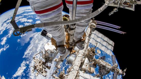 View from NASA spacewalker astronaut Thomas Marshburn's camera above the International Space Station.
